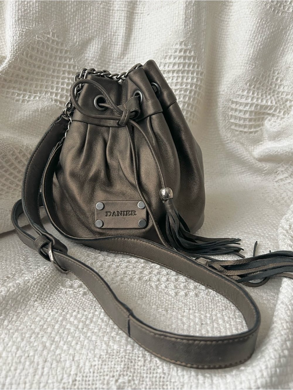 Danier Metallic Copper Leather Bucket Small Crossbosy Bag with fringe Tassel